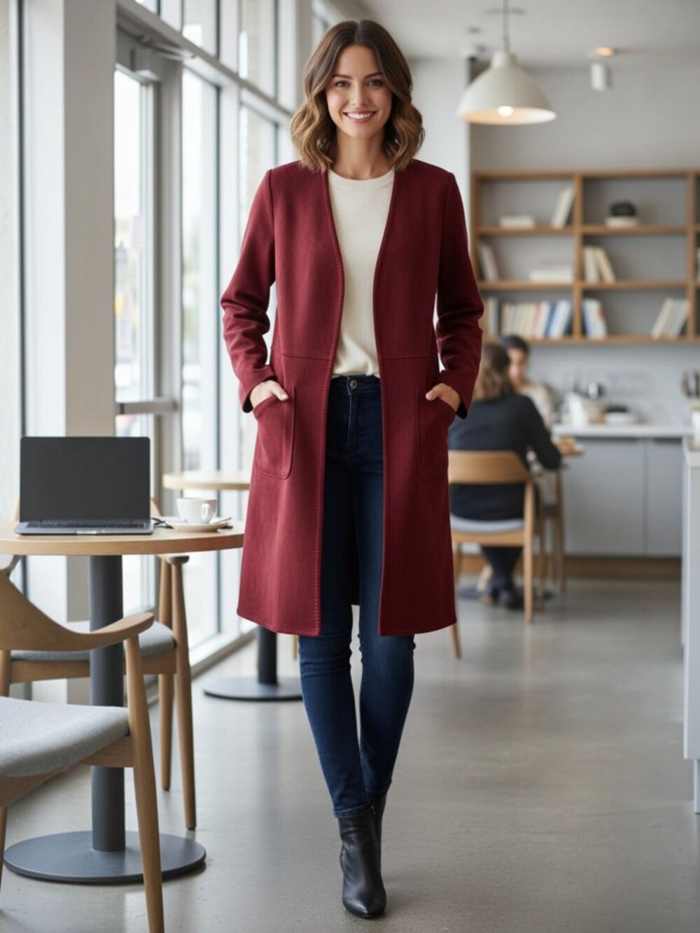NWT Tahari Faux Leather Merlot Open Front Long Coat Whipstitch XS $118